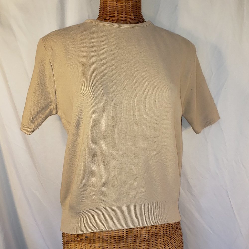 Cotton Forever Women's Light Tan Short Sleeve Scoop Neck Pullover Sweater - Size